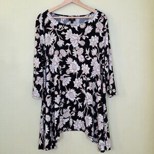 JM Collection Tunic Women 2X Black Beige Floral 3/4 Sleeve Shark Bite Whimsigoth